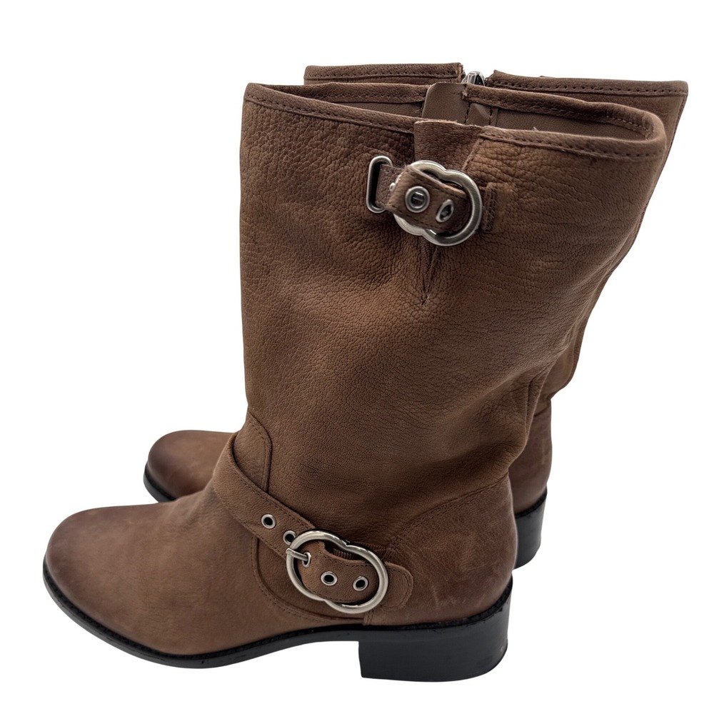 Vince Camuto Wilan Brown Leather Moto Biker Boots Mid Calf Buckle Women Size